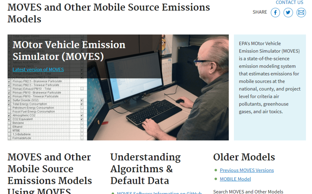 Screenshot of the EPA MOVES and Other Mobile Source Emission Models site